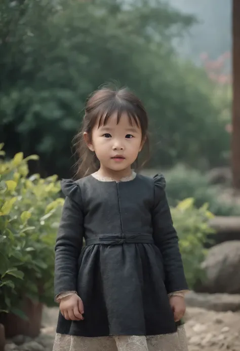 A 4-year-old girl in China wears clothes made of soot，She is in the garden，HD resolution，