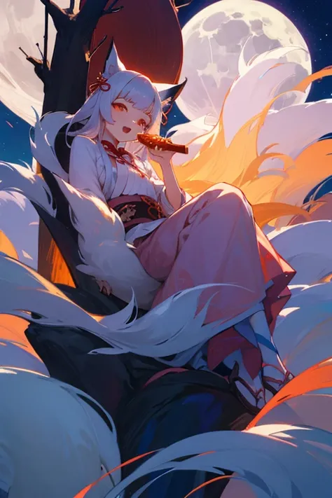 full moon、panic、Looking up at the night sky、Nine-Tailed Fox、fox、Open your mouth wide、Eat buns