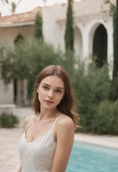 a very cute Russian teenage woman wearing singlet summer dress, slender shape, The most beautiful exterior image of a one-story house with a swimming pool in the design style of modern Mediterranean in background, world-class magazine images style. natural...