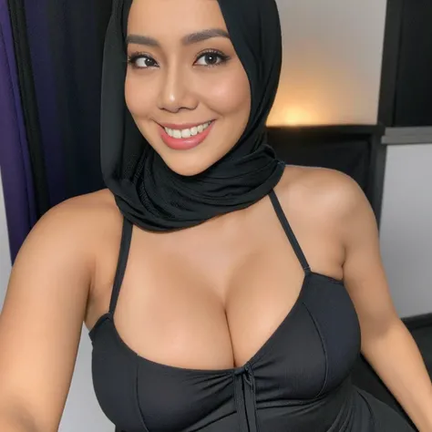 36 years Old, Hijab Indonesian Beautiful woman, laurenphillips, Massive Gigantic Saggy Breast : 8, Tight Gamis, modest but hot attire, Busty Body, Realistic Perfect Six Pack abs : 2.6, lingerie, smile seductively, Breast about To burst out from her clothes...