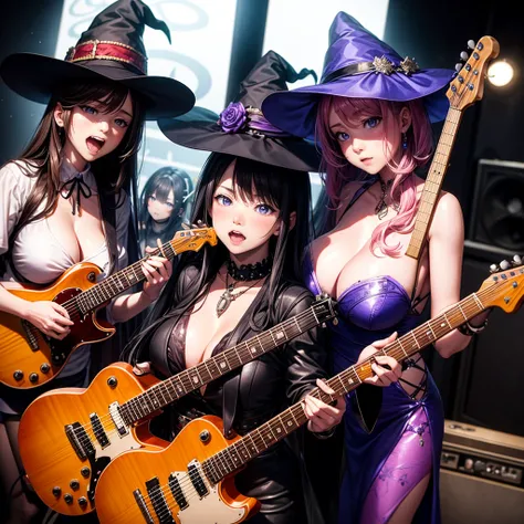 A three-woman metal band dressed in witch costumes、Arrived in Japan and held a mass at a live venue、Neck slashing pose、The intense performance was a huge success、Metal band performance、Fearless expression、Live venue lighting、The band&#39;s concept was a re...