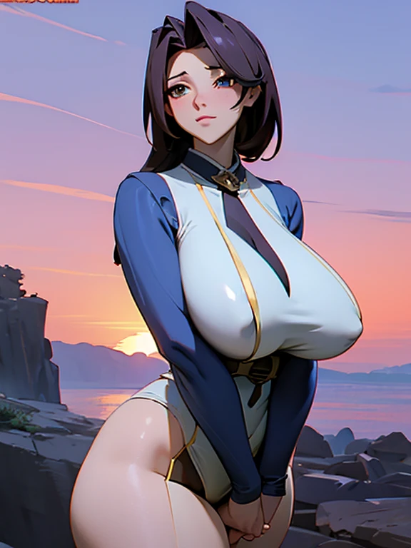 Game CG, landscape/landscape, Sky, Sunset, Mature female, adult lady like woman, Large Breasts, [特写cleveage]]]]Huge long saggy breasts, cleveage, The chest is more exposed，Thick thighs、