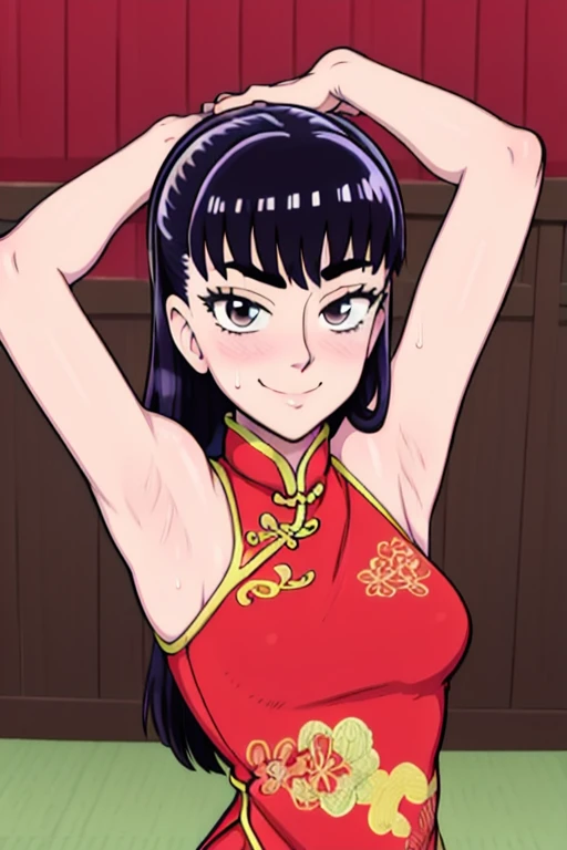 masterpiece, best quality, akira tachibana, looking at viewer, very small breasts, upper body, portrait, seductive smile, put your hands behind your head, armpits, armpits visible, sweaty armpits, wearing red chinese dress, 