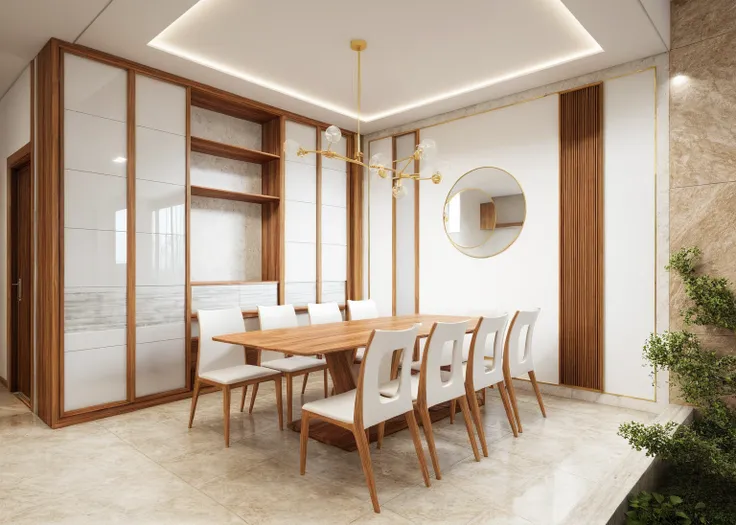 dinning room, interior design, modern style, (walnut furniture style), (white wall:1.2), wardore wooden with panel facade glass,...