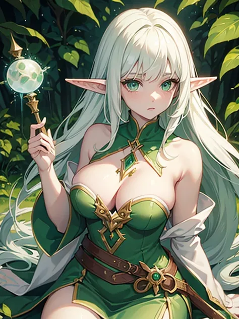 portrait of a elf girl with white hair with pale green tips, pale skin, green eyes, pointed ears, medium breasts, curvy body, thick thighs, mage healer short dress, belt with vials of green liquid, wooden mage staff with green orb, in forest