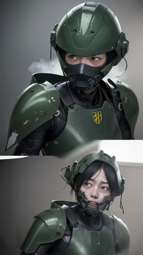 Rough skin, Very detailed, Advanced Details, high quality, 最high quality, High resolution, 1080p 、Bleeding from the wound、Sexy Eyes、Wearing green and black、cute((My whole body is sweating))(Equipped with a damaged battle suit....)(Dark green armor)(Broken ...