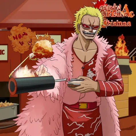 Doflamingo frying chicken at KFC early on Christmas morning