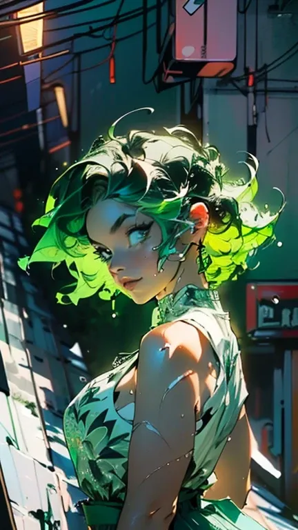 girl youtuber,(((1girl))),((extremely cute and beautiful green curly-haired girl)),

(Large breasts:1.4),(((big butt:1.5))),(((green curly hair:1.35,very curly hair,colored inner hair,ear breathing,short hair))),(((green_eyes:1.3))),intricate eyes,beautifu...