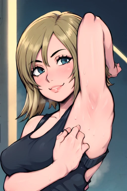 masterpiece, best quality, aya brea, looking at viewer, large breasts, upper body, portrait, seductive smile, put your hands behind your head, armpits, armpits visible, sweaty armpits, wearing black tanktop