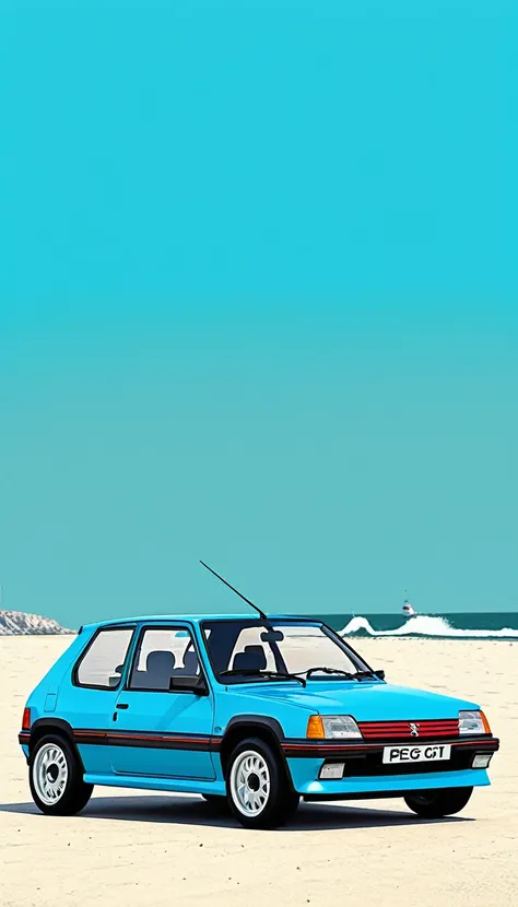 Magnifique Peugeot 205 GTI, bleue, design graphic vintage, beaucoup de détails, image vectorielle, Realistic, gulf background