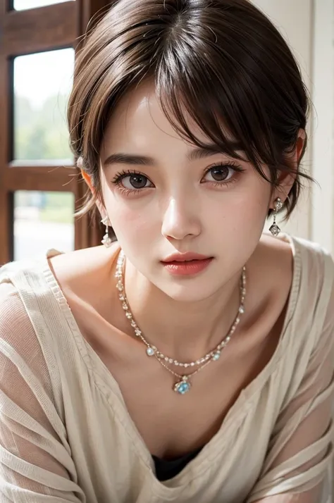 ((SFW: 1.4)), Delicate face, Cute face,Brown eyes, , Super short hair, hair on the temples, masterpiece , best quality, earrings, necklace, Adult face , Squat , Women&#39;s shirts , Japanese , Room , indoor