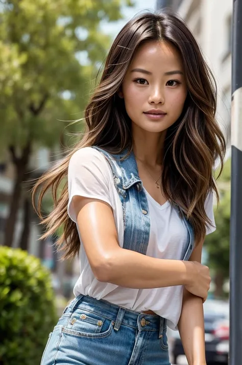 Gorgeous Jamie Chung, 25 years old, Hair fluttering in the wind. She is a men&#39;s magazine model, She smiled，Flirting for the camera, (she&#39;s wearing a baseball uniform，Paired with trousers and baseball cap:1.2), (She&#39;s the pitcher on the mound.:1...