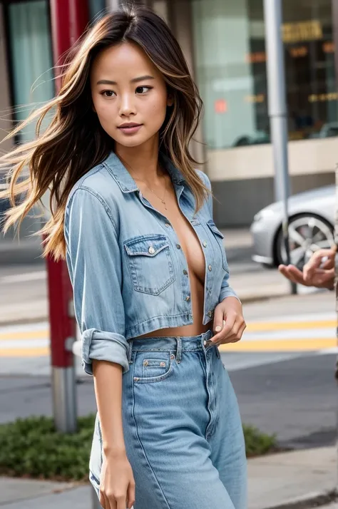 Gorgeous Jamie Chung, 25 years old, Hair fluttering in the wind. She is a men&#39;s magazine model, She smiled，Flirting for the camera, (she&#39;s wearing a baseball uniform，Paired with trousers and baseball cap:1.2), (She&#39;s the pitcher on the mound.:1...