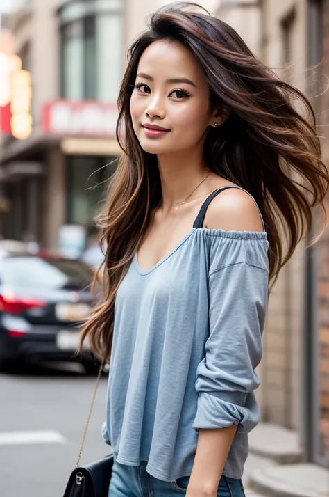 Gorgeous Jamie Chung, 25 years old, Hair fluttering in the wind. She is a men&#39;s magazine model, She smiled，Flirting for the camera, (she&#39;s wearing a baseball uniform，Paired with trousers and baseball cap:1.2), (She&#39;s the pitcher on the mound.:1...