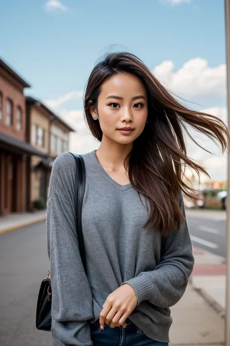 Gorgeous Jamie Chung, 25 years old, Hair fluttering in the wind. She is a men&#39;s magazine model, She smiled，Flirting for the camera, (she&#39;s wearing a baseball uniform，Paired with trousers and baseball cap:1.2), (She&#39;s the pitcher on the mound.:1...