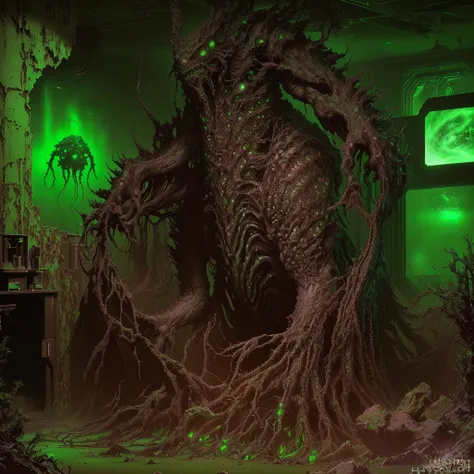 there is a large creature in the room with the green light, science fiction horror works, sci-fi horror art, detailed horror images in 4k format, Lavkraftovskaya atmosphere, eerie nostalgic concept art, Horrible fantasy art, Lovecraftian background, Space ...