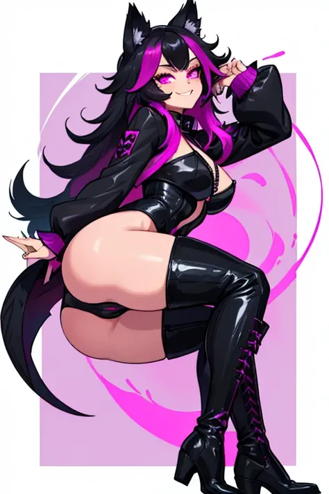 female, black long hair with magenta highlights, silver eyes, black wolf ears, black wolf tail (((1girl))), (((black outfit with magenta trim))), (black boots), cute and sexy, full body, large breasts, large butt, long legs, smiling