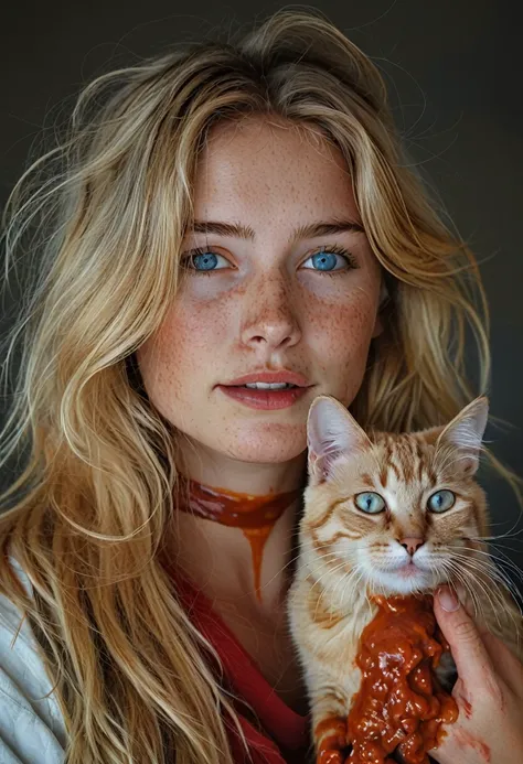 photo Raw. beautiful wicked blonde hair girl. Cat drenched in thick red sauce. girl holding the cat by the neck. Abhorrent, terror, tenebrism, horror, respulsive, national geographic, detailed, realistic