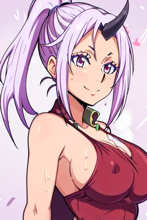 masterpiece, best quality, shion tensura slime, looking at viewer, large breasts, upper body, portrait, seductive smile, put your hands behind your head, armpits, armpits visible, sweaty armpits, wearing red chinese dress, ponytail hair,