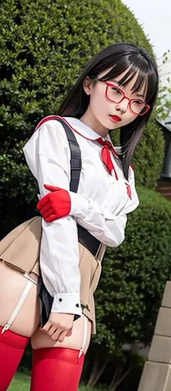 high quality、masterpiece、high school girl、Two Japanese women、19 years old、Over the knee socks、Hime cut、garter belt、Low Angle、The wind blows and my skirt flutters、Very sensitive skin、Fair skin、Red lip makeup、Young Face、Slim figure、(Red frame glasses)、No sle...