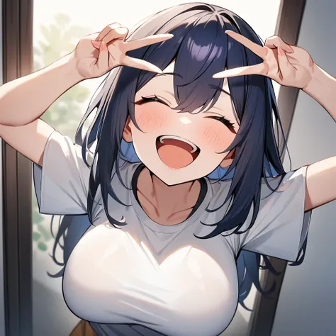 1 girl, dark bluehair,big breast,masterpiece,best quality,very aesthetic,absurdres,looking at viewer,front view,adult,out,Young,double v,Smile,closed eyes,happy,arm,open mouth, tightshirt