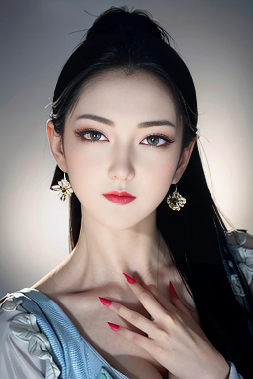 Narrow-eyed, 1girl in, Allback、deadpan、short-hair、shorth hair、brow、Reluctance、A dark-haired、Tucked Hair Solo, Cowgirl, Onepiece, ((big breasts)), Thin slit eyes、Black eyes, Light shines on the eyes, Black hair, gloves, Dress, Luxurious Jewelry, earrings, s...