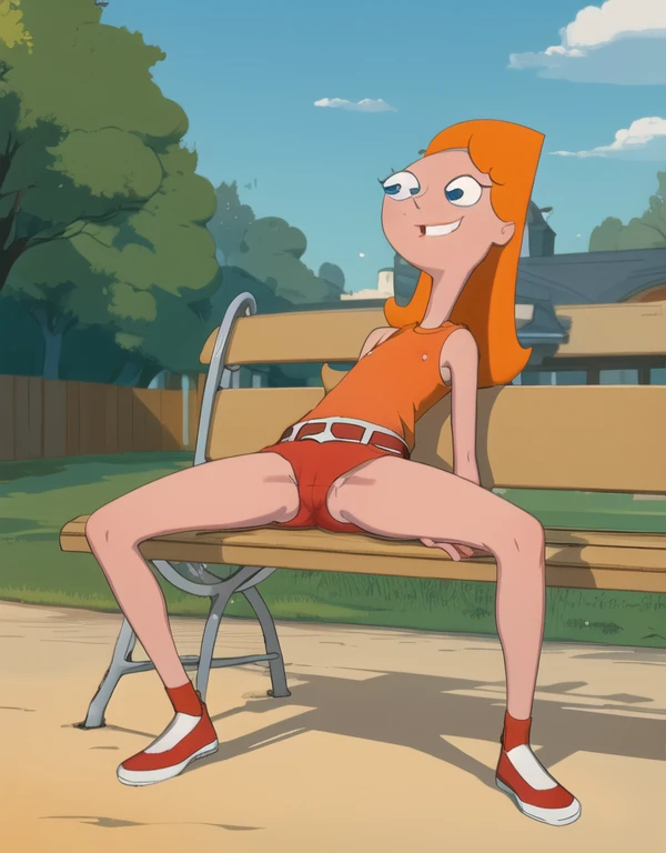 candace_flynn, (medium hair), (orange hair), (dark blue eyes), (white skirt), (red shirt), (white shoes), sleeveless, (red socks), (red belt), Sitting on a bench, spread legs, full body view, red panties, cameltoe, shy, smiling, hands on knees 