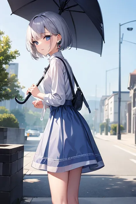  cute, masterpiece, highest quality, One girl, alone,  Silver Hair,  Small earrings Short hair,  Casual umbrella,outside,it&#39;s raining,office Street,People passing by,Artistic,Illustrated,