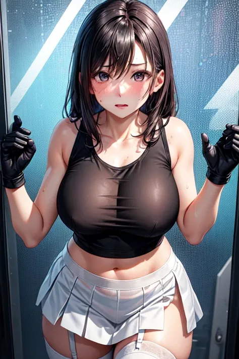 beautiful girl　Best Style　Fight the enemy　Shyness　Sweat　Black Leather Gloves　　Combat Uniform　Big Breasts　Light clothing　Martial Arts　White sheer skirt　White Tank Top　black garter belt　Dirty face and clothes　White liquid all over the body　Black bra undernea...