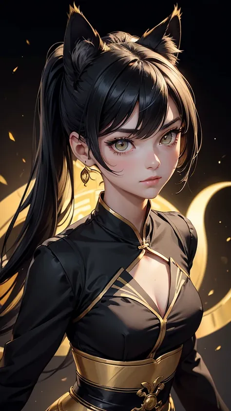 (high resolution, upper body, soft skin:1.2),(best illustration,masterpiece:1.2),ultra-detailed,[(cat ears , black inside:1.2, black ponytail hair, gold cat eyes),vivid colors,sharp focus,portrait,studio lighting,bokeh, wearing a gold qupao, kung fu stance...