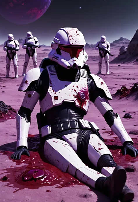 Dead starship trooper body covered with blood laying on a unknown planet, the ground is white and slightly purple, around his body are a bunch of automatons