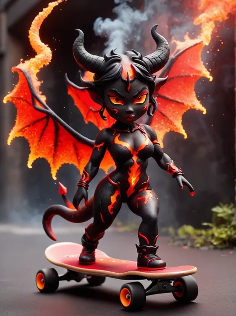 (1 female devil with a body made of volcanic magma and lava:1.5)，(with menacing horns and crimson lava skin:1.3), strike a playf...