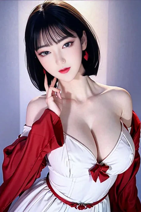 Narrow eyes, 1 girl, all white, expressionless, bob, bob, forehead, relief, black hair, bob, solo, cowgirl, ((voluptuous breasts)), narrow slit eyes, black eyes, sparkling light eyes, black hair, Gloves, dress, luxurious jewelry, earrings, sharp eyes, elbo...