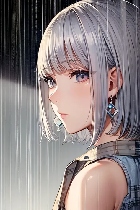 cute, masterpiece, highest quality, One girl, alone,Look down,Silver Hair, Small earrings Short hair, casual,outside,rain,Artistic,An illustration,Pants Style,Line art,View your viewers,rainに濡れる,Face close-up