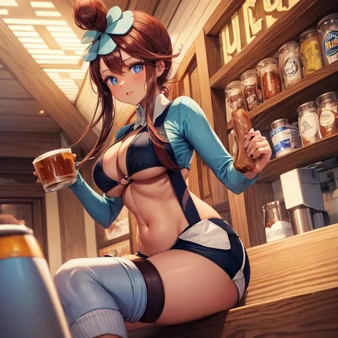 Eating wieners in a German bar､Brown-haired girl wearing a cape drinking beer from a mug　Wearing sneakers　High leg shorts with suspenders　Large Breasts　Showing her belly button　Ultra low rise　Knee-high socks　　I can see your pants　Belt on chest