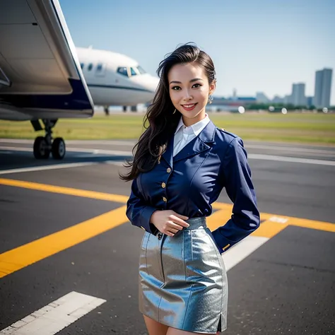 (thai woman),(highponytail),(forehead),(cabin attendant, stewardess, flight attendant),　(stewardess uniform:1.5),(short skirt),(...