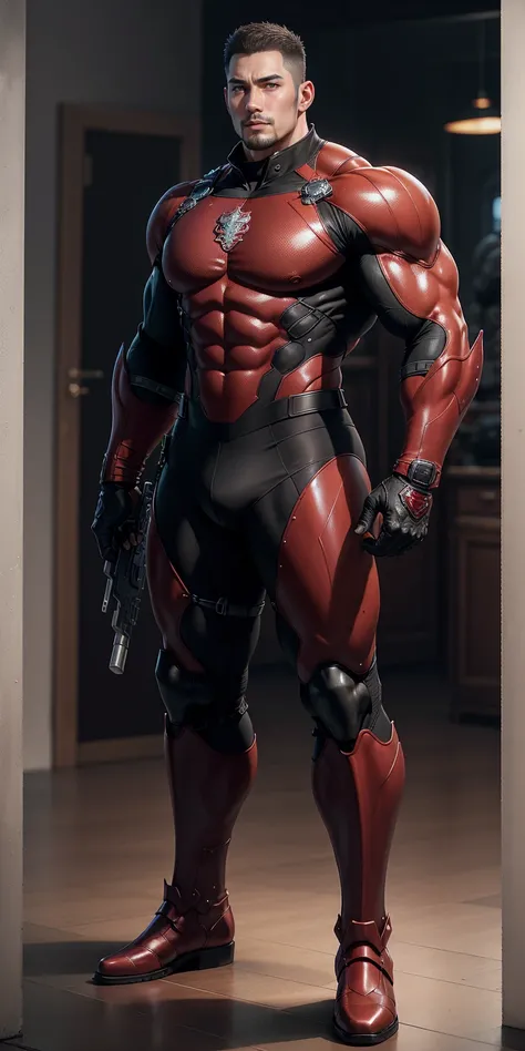 Tall giant muscular police officer，Wine red honeycomb pattern nano mecha，Honeycomb pattern，Lightweight texture，character concept（Resident Evil - Chris Redfield，Chris Redfield）senior police officer，Small grid texture，Regular symmetrical texture pattern，Sad ...