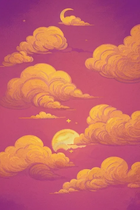 sky full of pastel pink clouds, with several little stars and a full full moon. estilo 2D ou pixelado na horizontal