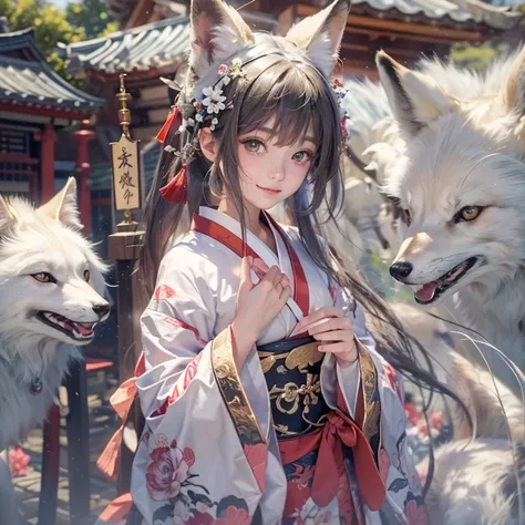 Hide in the ancient shrine、Hair flows、 ((highest quality、masterpiece、8k、best image quality、ultra high resolution、Award-winning work)、(accurate anatomy:1.1)、(look at me and smile:1.1)、Shining fair skin with ultra high resolution、most detailed face、ultra hig...