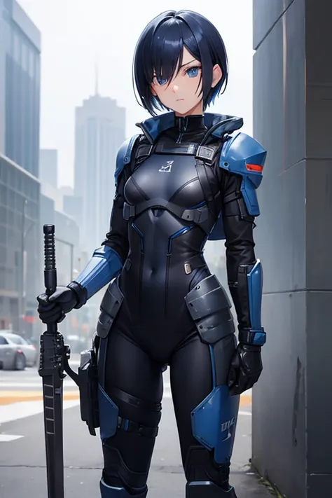 Dark blue hair，short hair，neutral，boyish，Hiding one eye，slender，Rin々A funny face，Powered Suit，Reinforced Suit，mechanical，Science fiction，Black sleeveless coat，With a sword，headgear，Small breasts，Small breasts，Flat Chest，tall，Slightly muscular，Handsome，The ...