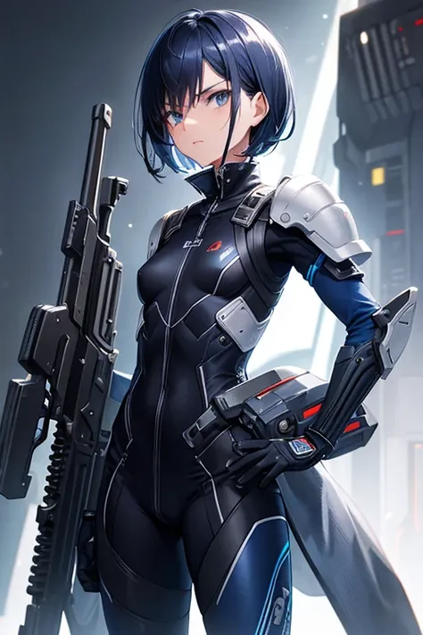 dark blue hair，short hair，neutral，boyish，hiding one eye，slender，rin々a funny face，powered suit，reinforced suit，mechanical，science...