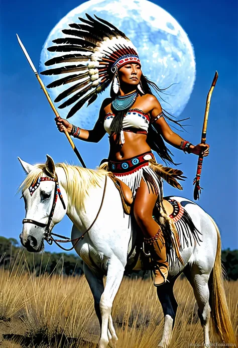  Award-winning photo，A beautiful blonde hair woman wearing a Native American headdress, busty. Native Americans on horseback in the background : Native American Shameon Fantasy, native american photo, Native American, Local art, native american warrior, na...