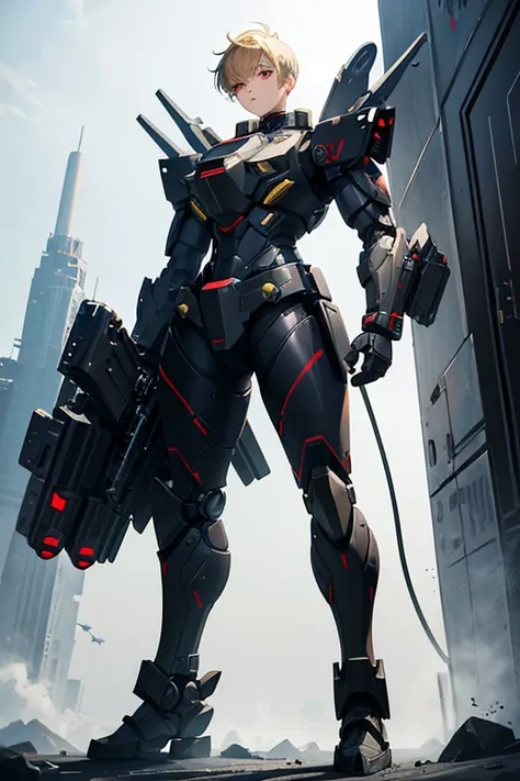 Science fiction，boyish，Blonde，Very Short Hair，Spiky hair，Hanging eyes，Sharp Eyes，Red eyes，Powered Suit，armor，Mech Suit，Heavy Armor，armor，armor，Heavy equipment，Cannon on the shoulder，Missile launcher on waist，With a huge gun，Backpack，Device，mechanical，boost...