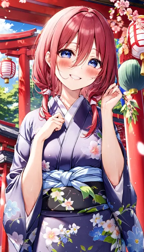 nakano miku、yukata、smile、blushing、high resolution、high definition、shrine、festivals