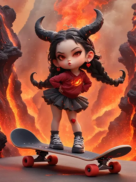 1girl, demon whose body is made of lava, with menacing horns and crimson lava skin, strike a playful pose, standing on a skatebo...