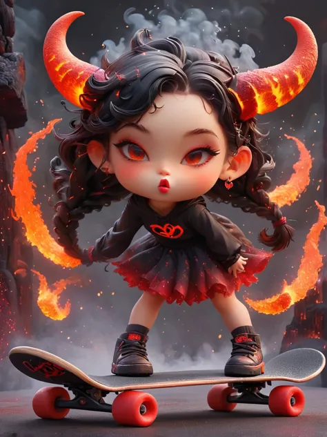 1girl, demon whose body is made of lava, with menacing horns and crimson lava skin, strike a playful pose, standing on a skatebo...