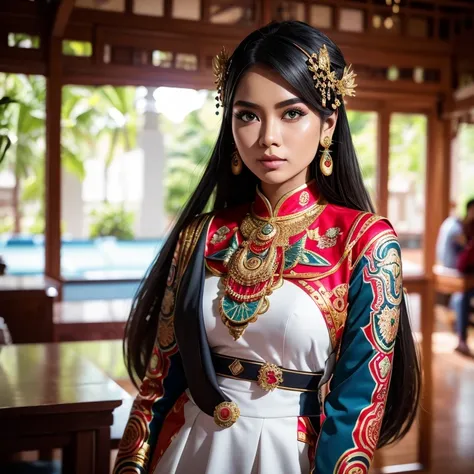 an indonesian-styled futuristic suit worn by a girl depicting cultural fusion and modern fashion. the suit is adorned with intri...