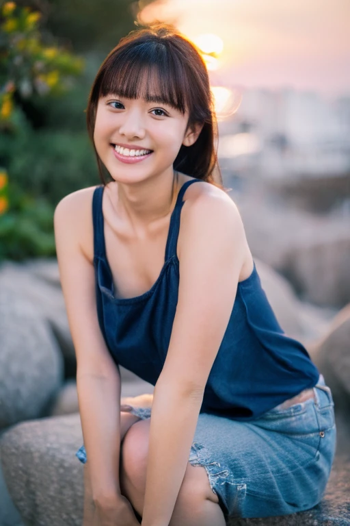 High resolution、Cute 18 year old Japan girl、Tank top、Short length、Blue denim super shorts、The background is the sunset beach、Full body photo、Standing posture，Knee，Telephoto lens camera、Looking at the camera、Large Breasts、White tooth smile、Thick and glossy ...