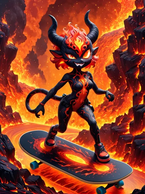 1girl, demon whose body is made of lava, with menacing horns and crimson lava skin, strike a playful pose, standing on a skatebo...