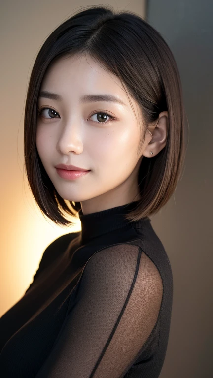 (((close-up of face)))、(((absolutely shoulder-length brown straight short bob)))、(((she is posing like a hair salon model, with ...